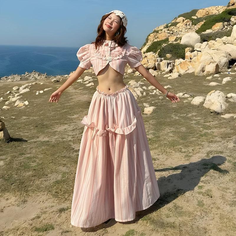 Soft Girl Striped Crop Top & Maxi Skirt Two Piece Set - Image 3