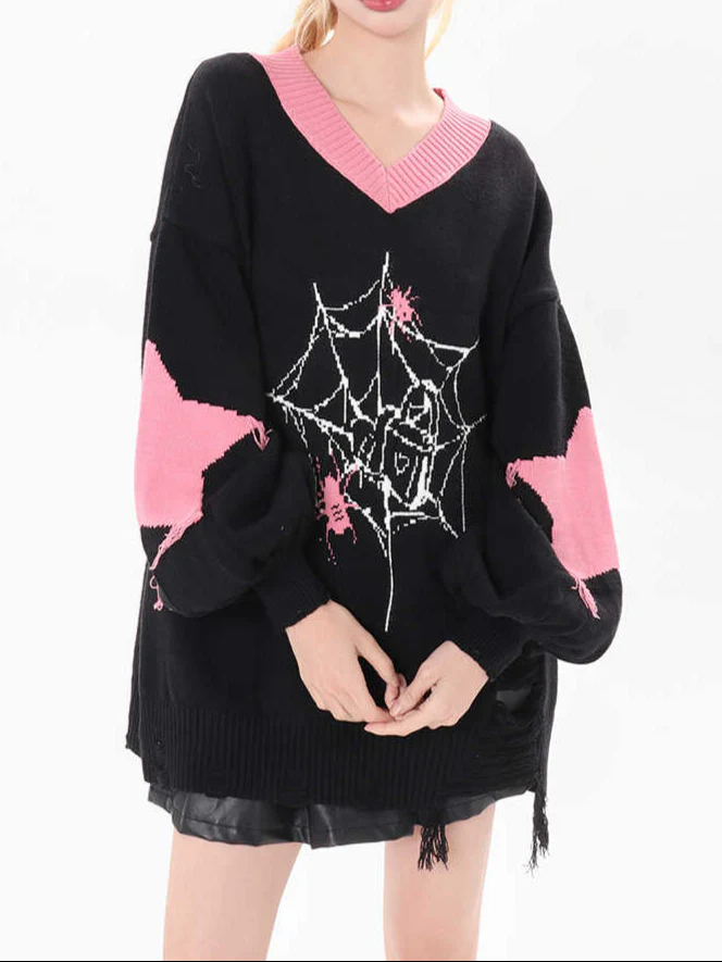 Soft Goth Spider V-neck Sweater - Image 2