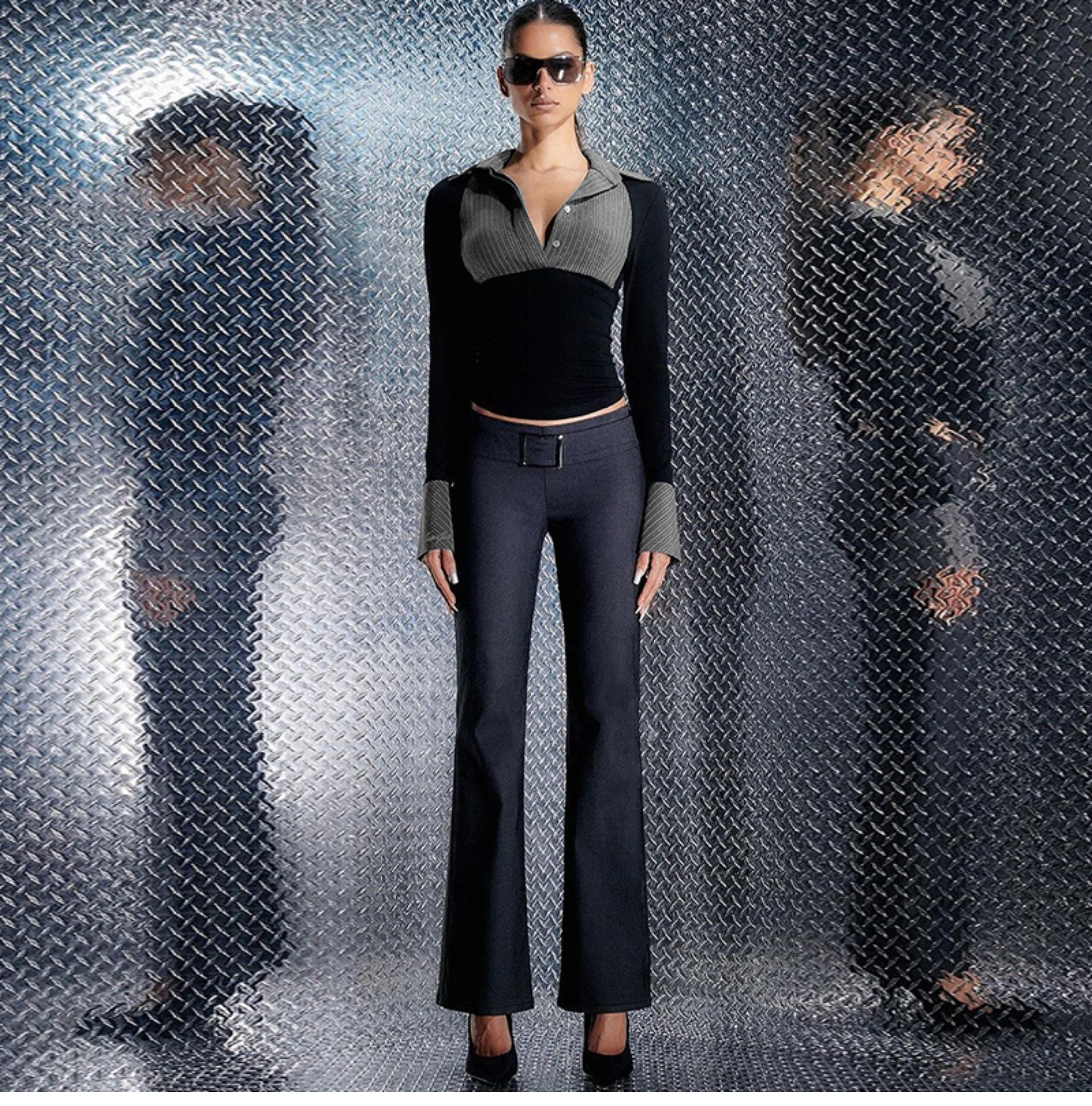 Spliced Collar Black Long Sleeve Crop Top - Image 4