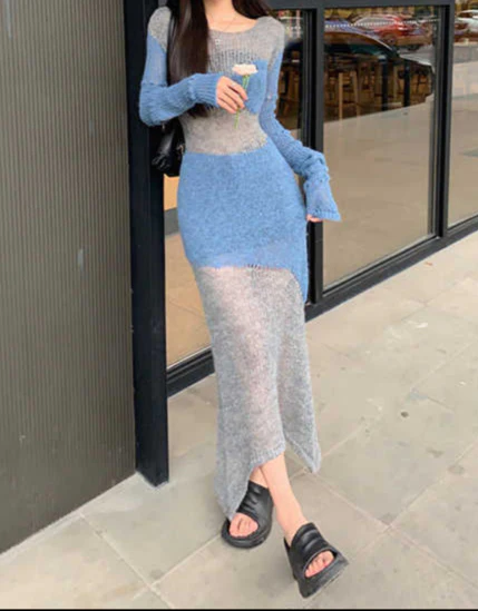 Spliced Mohair Hole Asymmetric Dress - Image 3