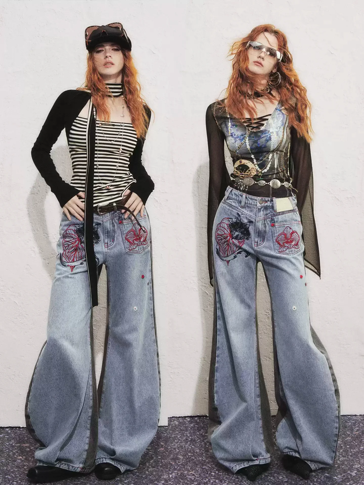 Splicing Cat Plant Embroidery Asymmetrical Pocket Sickle Jeans