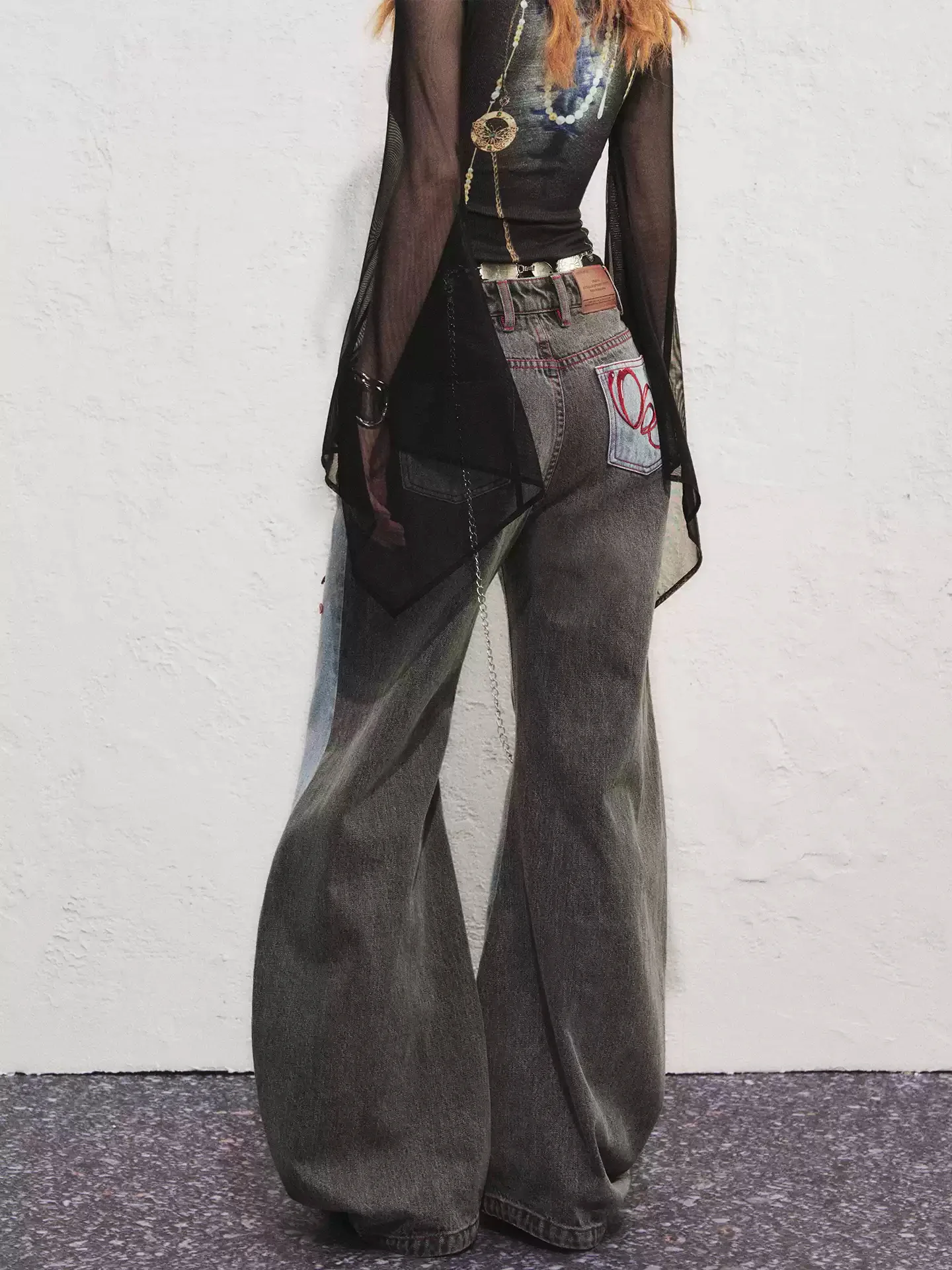 Splicing Cat Plant Embroidery Asymmetrical Pocket Sickle Jeans - Image 2