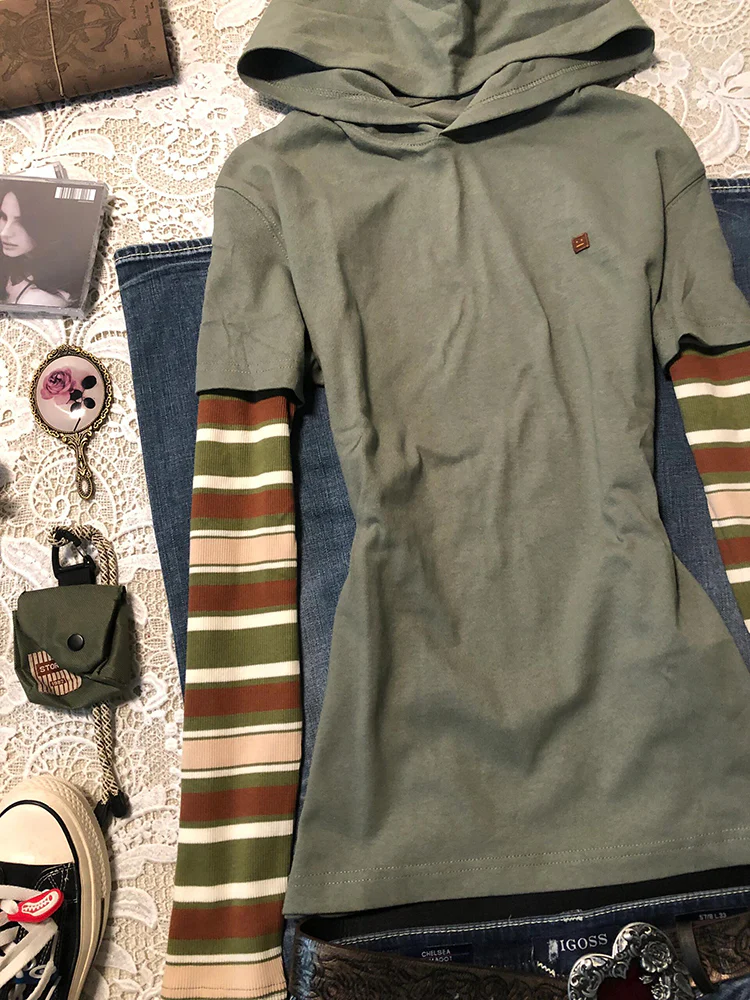 splicing fake two-piece striped long-sleeved top - Image 4