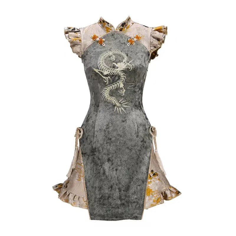 Spring Dragon Embroidered Snake Cheongsam Dress