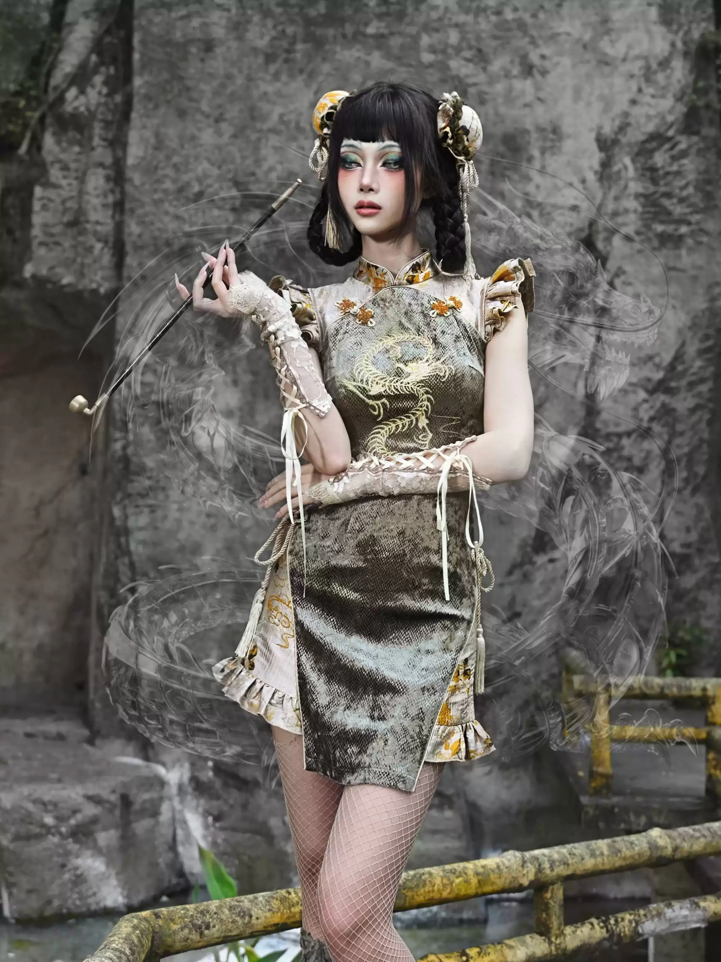 Spring Dragon Embroidered Snake Cheongsam Dress - Image 2