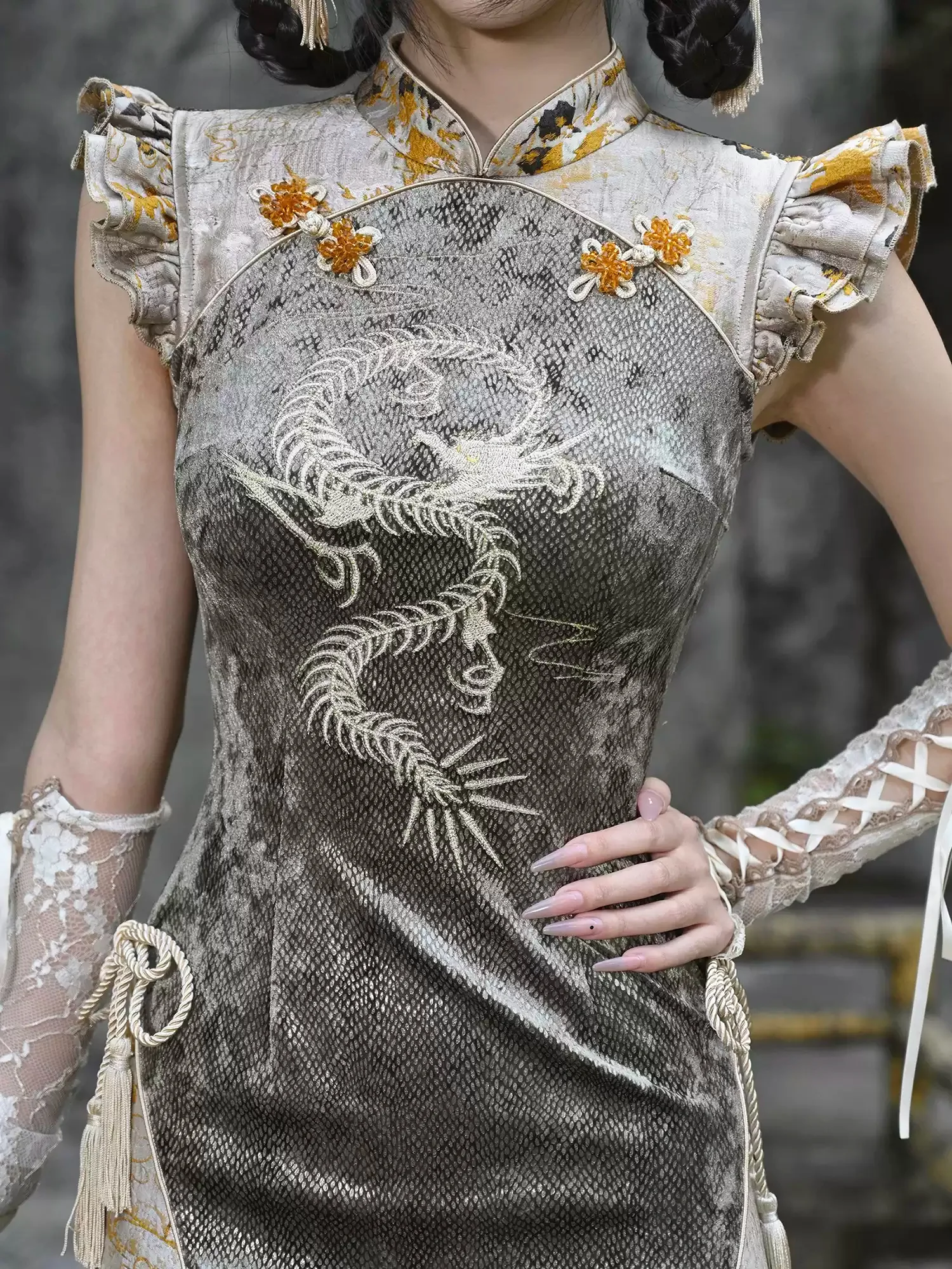 Spring Dragon Embroidered Snake Cheongsam Dress - Image 4