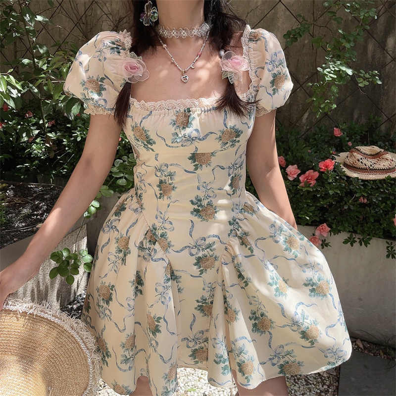 Square Neck Lace Puff Sleeves Dress - Image 2
