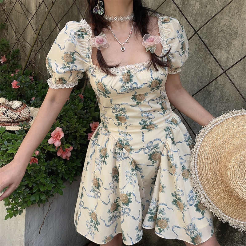 Square Neck Lace Puff Sleeves Dress - Image 3