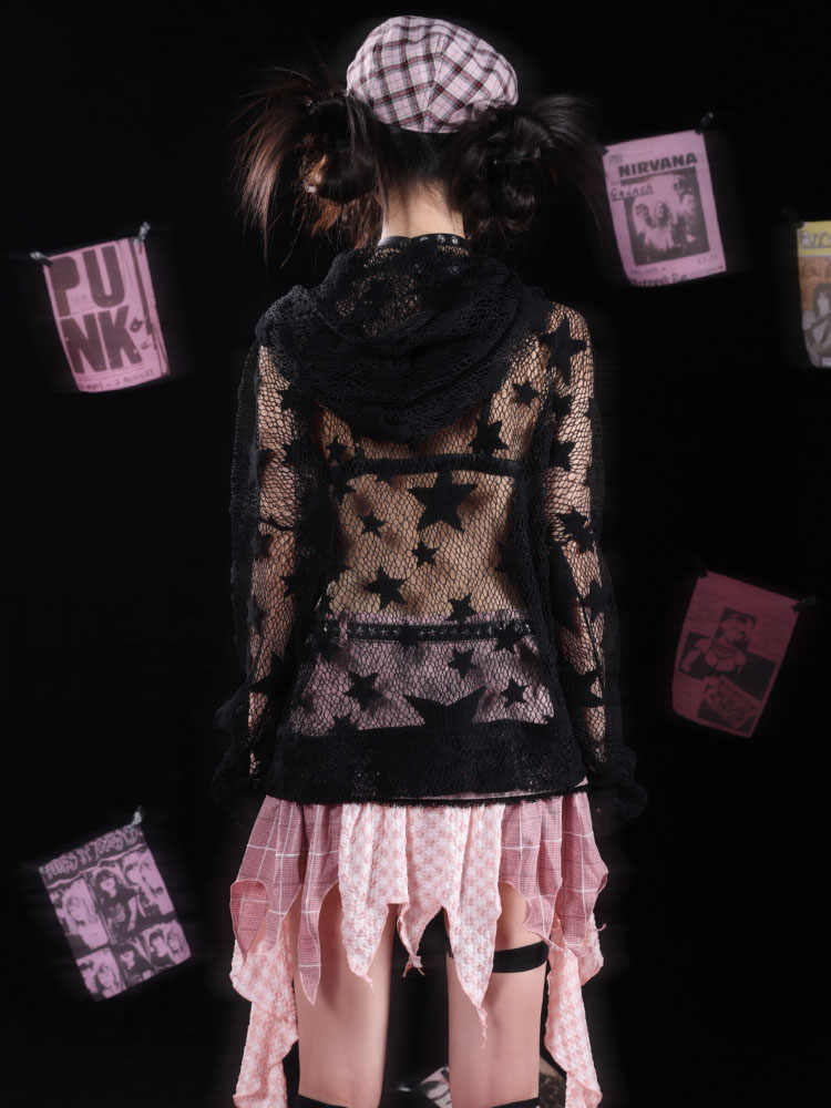 Stars Hooded Mesh Hollow Zip-up Hoodie - Image 2