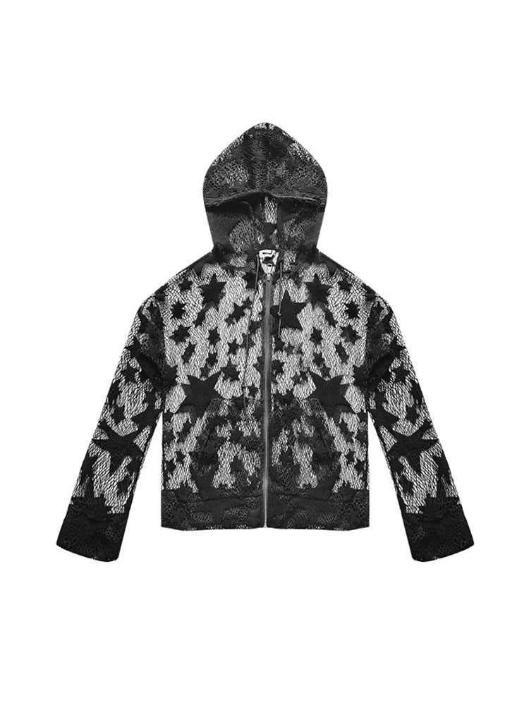 Stars Hooded Mesh Hollow Zip-up Hoodie - Image 5