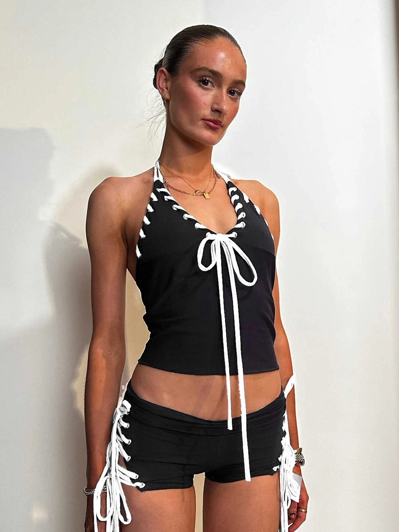 Strap Bow Sporty V-neck Vest Coord - Image 2