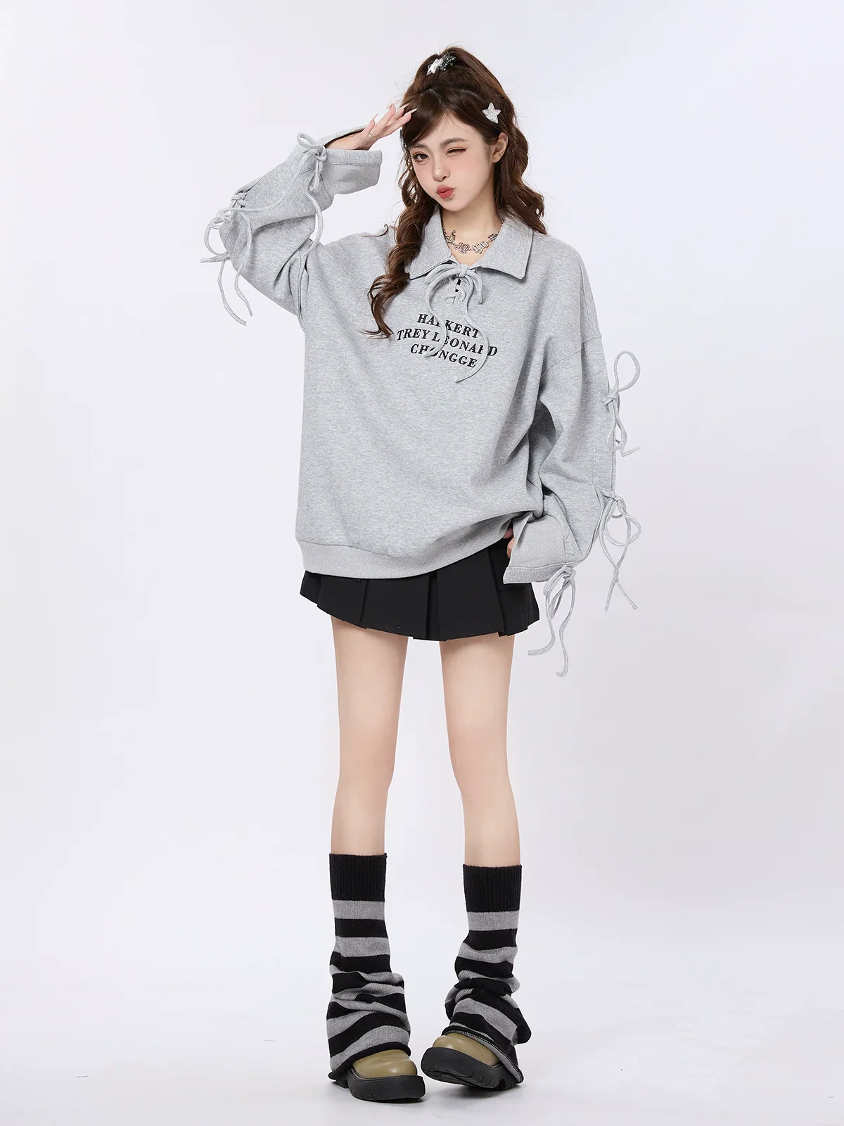 Strap Design Polo Collar Loose Sweatshirt - Image 3