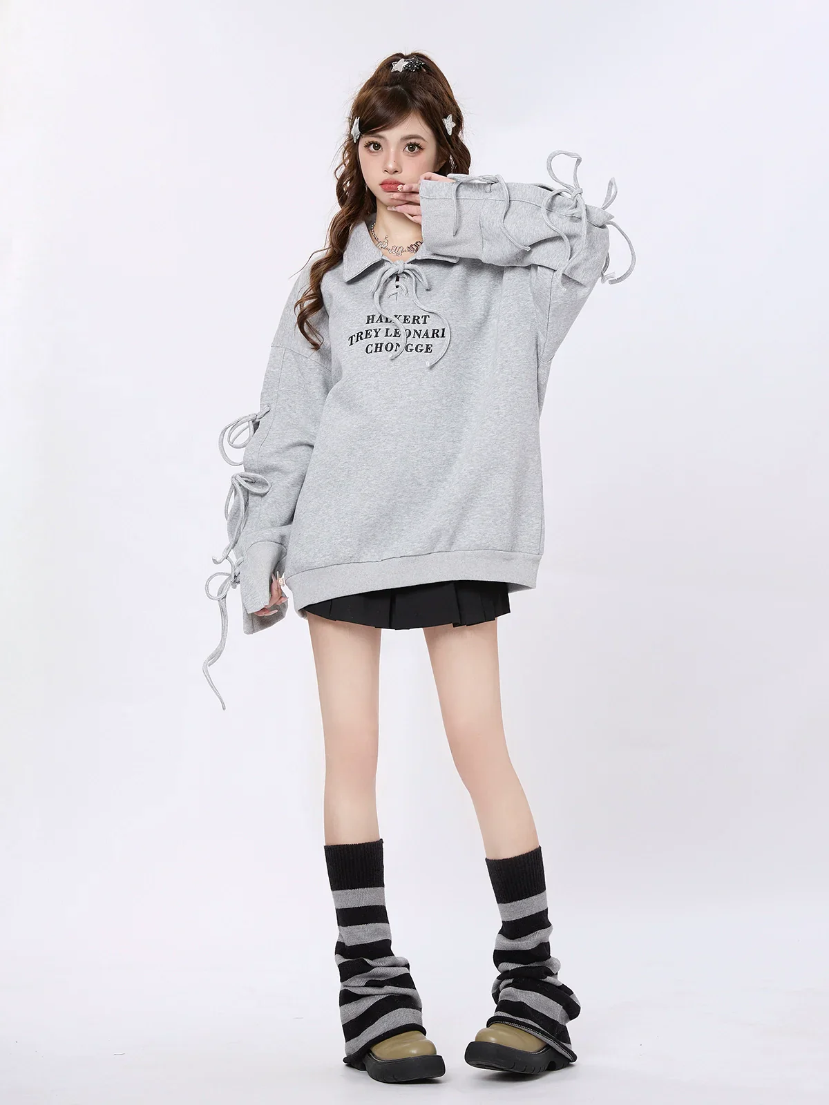 Strap Design Polo Collar Loose Sweatshirt - Image 4