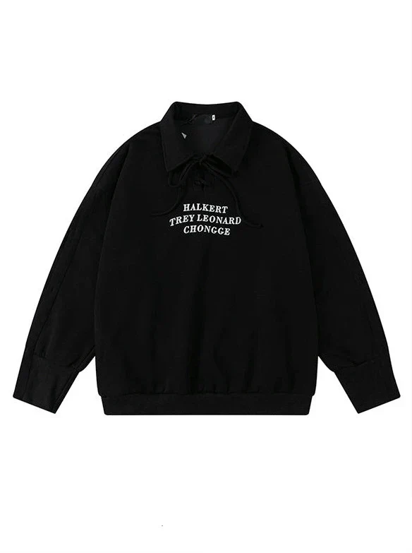 Strap Design Polo Collar Loose Sweatshirt - Image 7