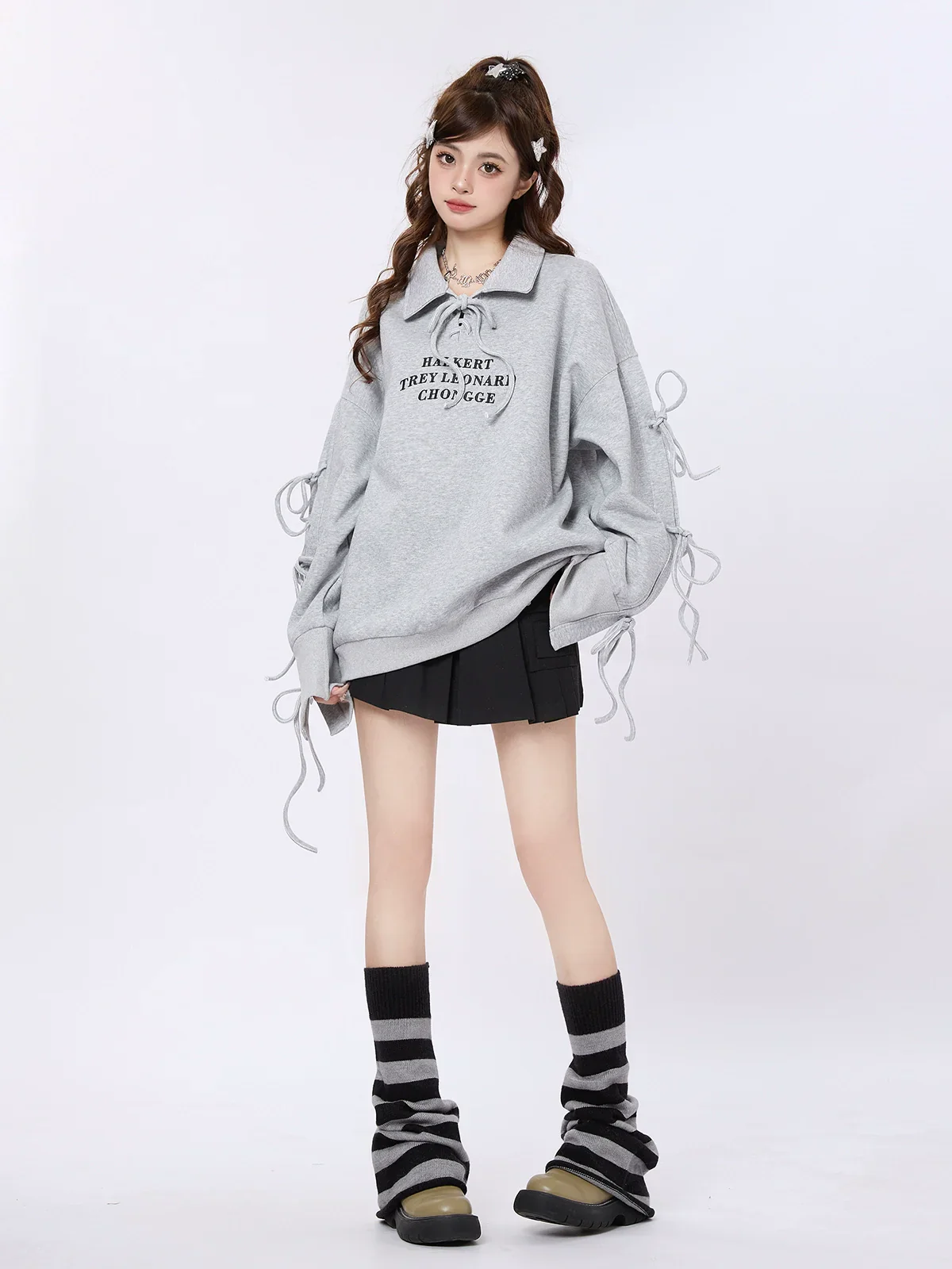 Strap Design Polo Collar Loose Sweatshirt - Image 5