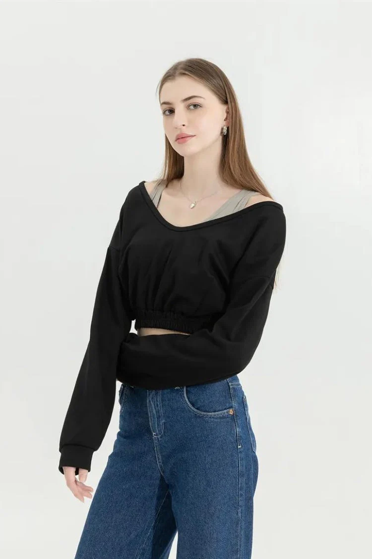 Strap Detailed Wide Neck Crop Sweatshirt - Image 5