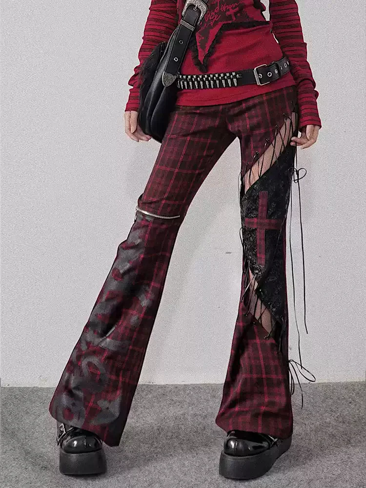strappy hollow red and black plaid leather trousers