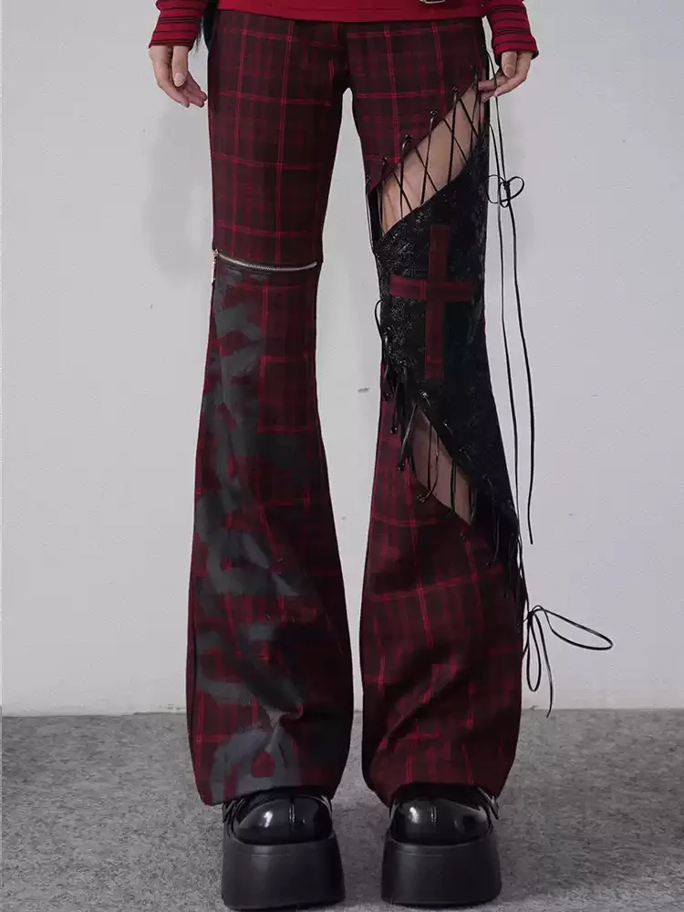 strappy hollow red and black plaid leather trousers - Image 2