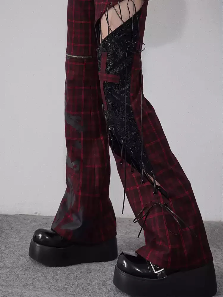 strappy hollow red and black plaid leather trousers - Image 3