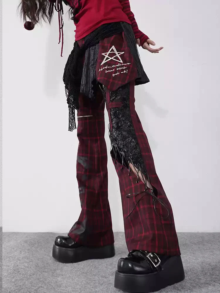 strappy hollow red and black plaid leather trousers - Image 4
