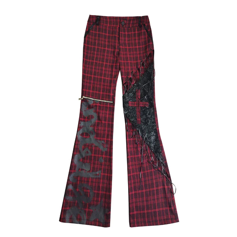 strappy hollow red and black plaid leather trousers - Image 5