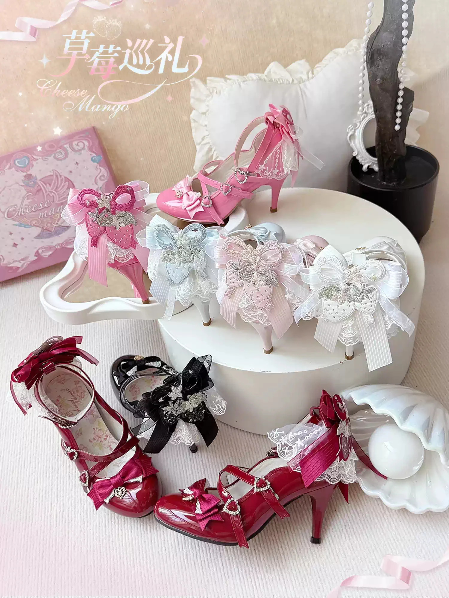 Strawberry Cheese Lolita Bow High Heels - Image 2