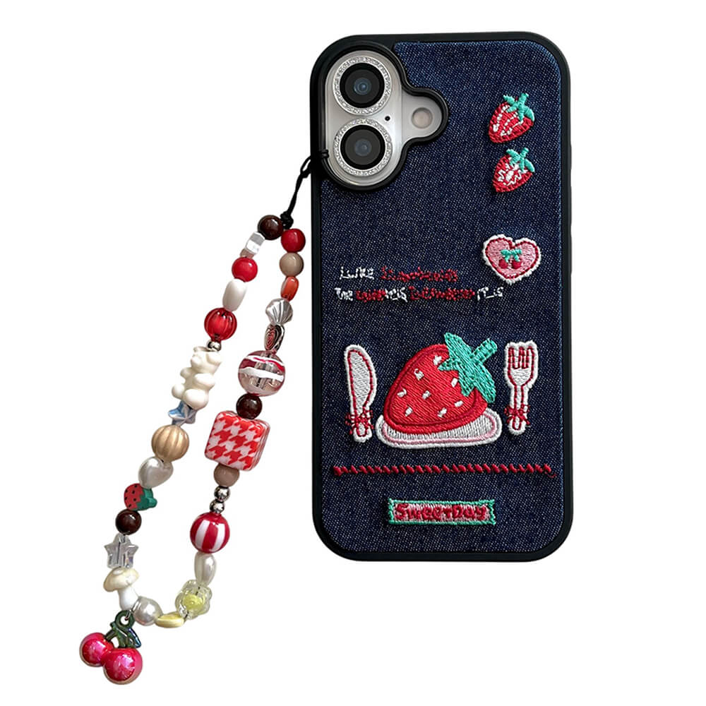 Strawberry Embroidery Denim iPhone Case - Image 2