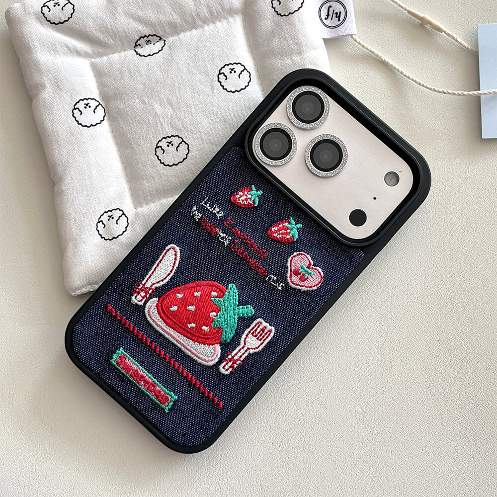 Strawberry Embroidery Denim iPhone Case - Image 3