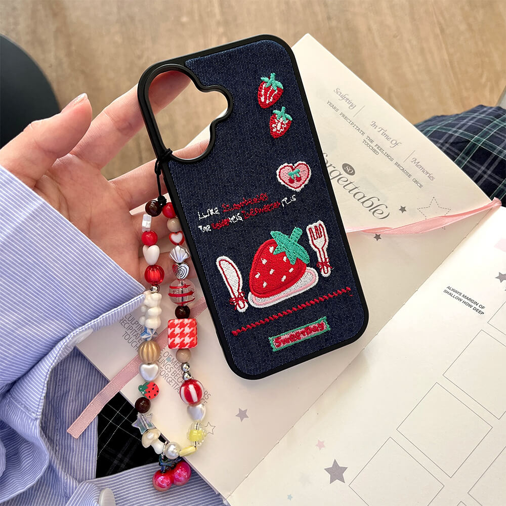 Strawberry Embroidery Denim iPhone Case - Image 4
