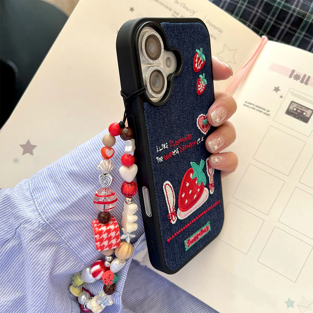 Strawberry Embroidery Denim iPhone Case - Image 5