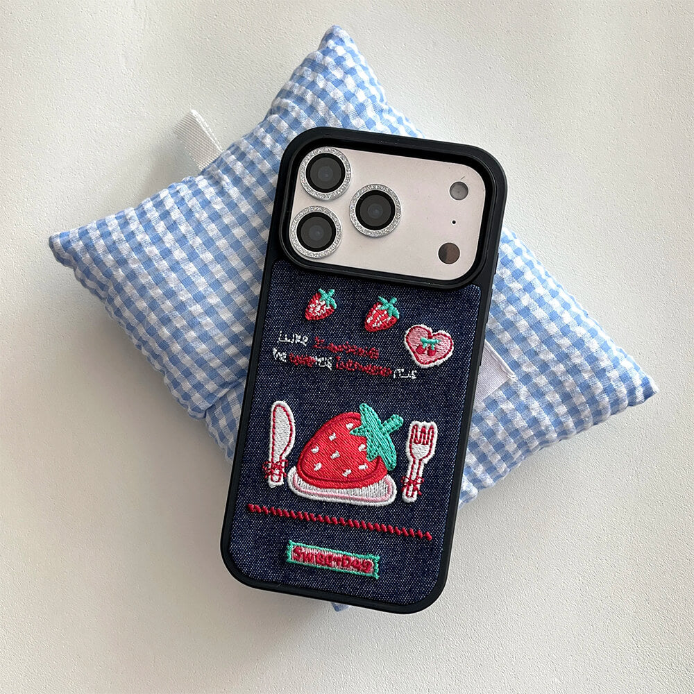 Strawberry Embroidery Denim iPhone Case - Image 6