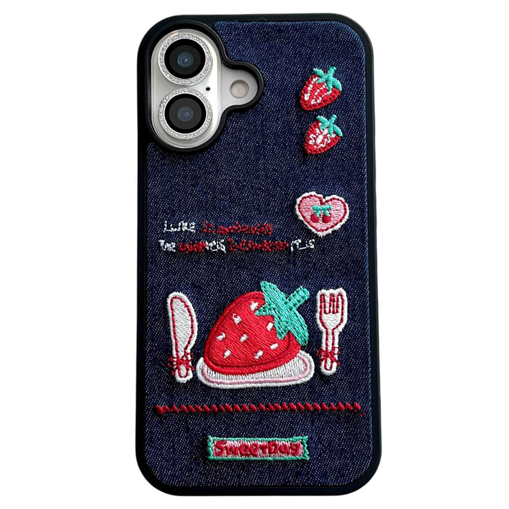 Strawberry Embroidery Denim iPhone Case - Image 7