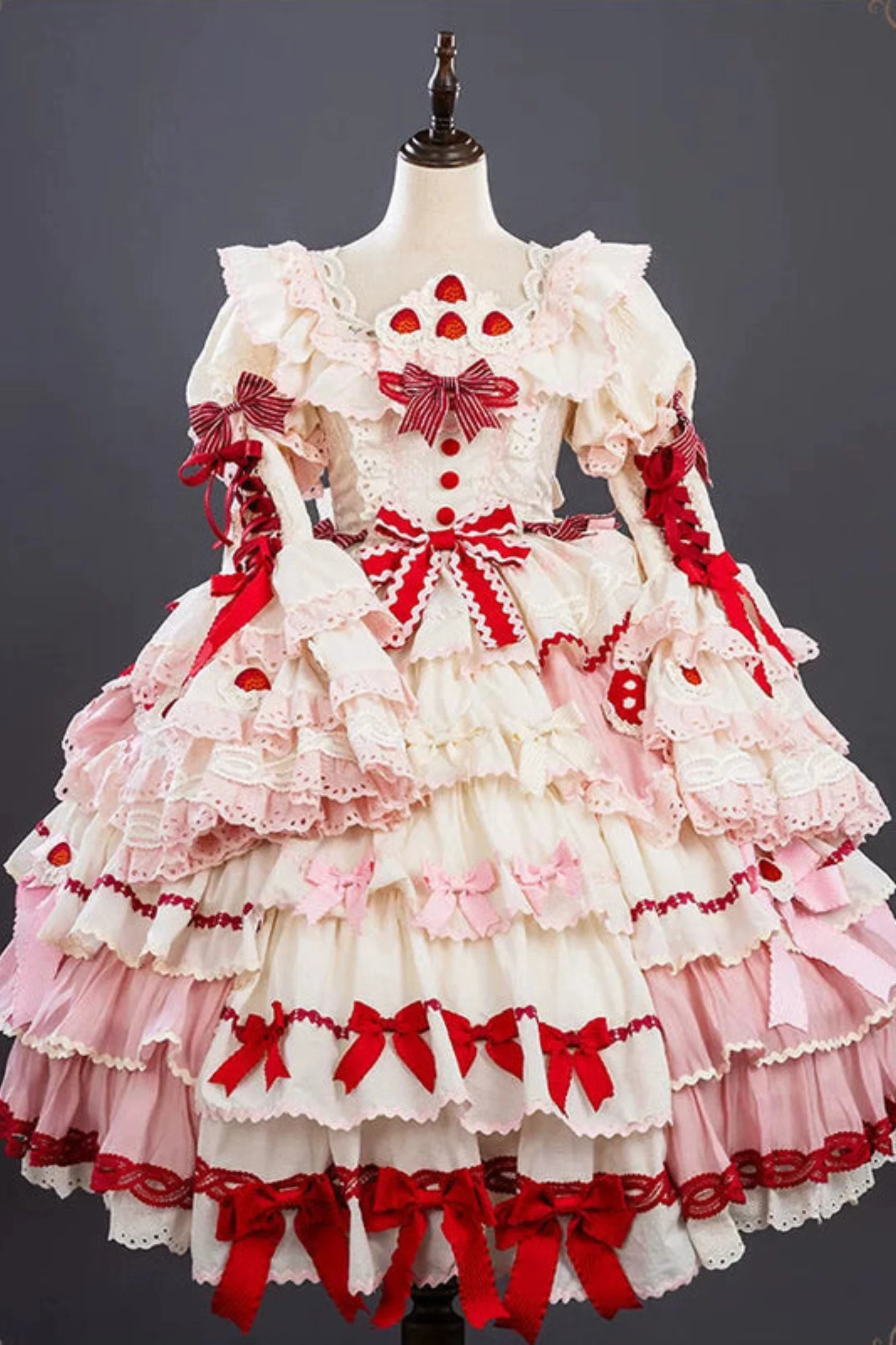 Strawberry Fantasy Lolita Dress + Jumper Skirt + Ribbon + Sleeves + Bonnet - Image 3