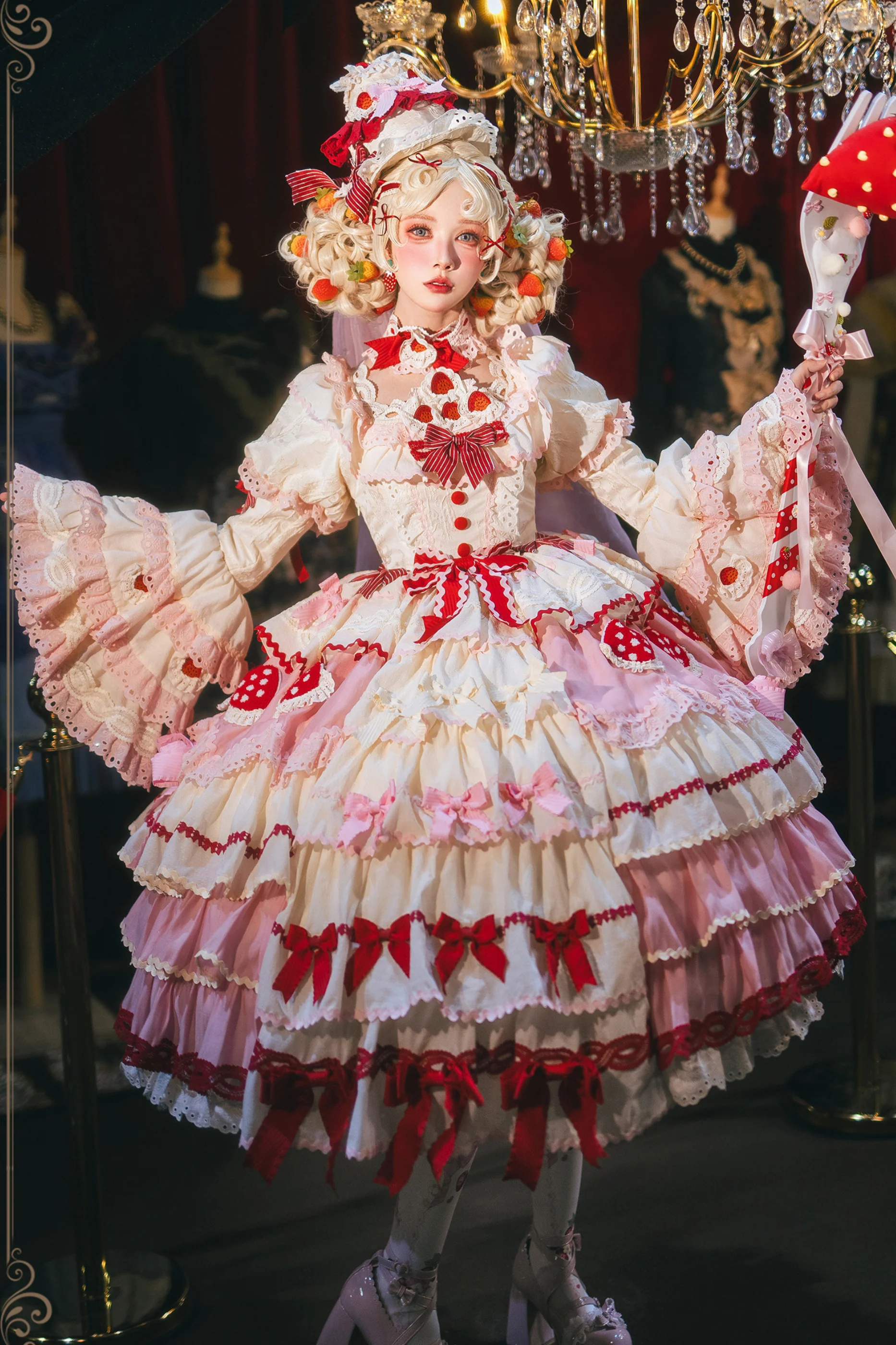 Strawberry Fantasy Lolita Dress + Jumper Skirt + Ribbon + Sleeves + Bonnet - Image 21