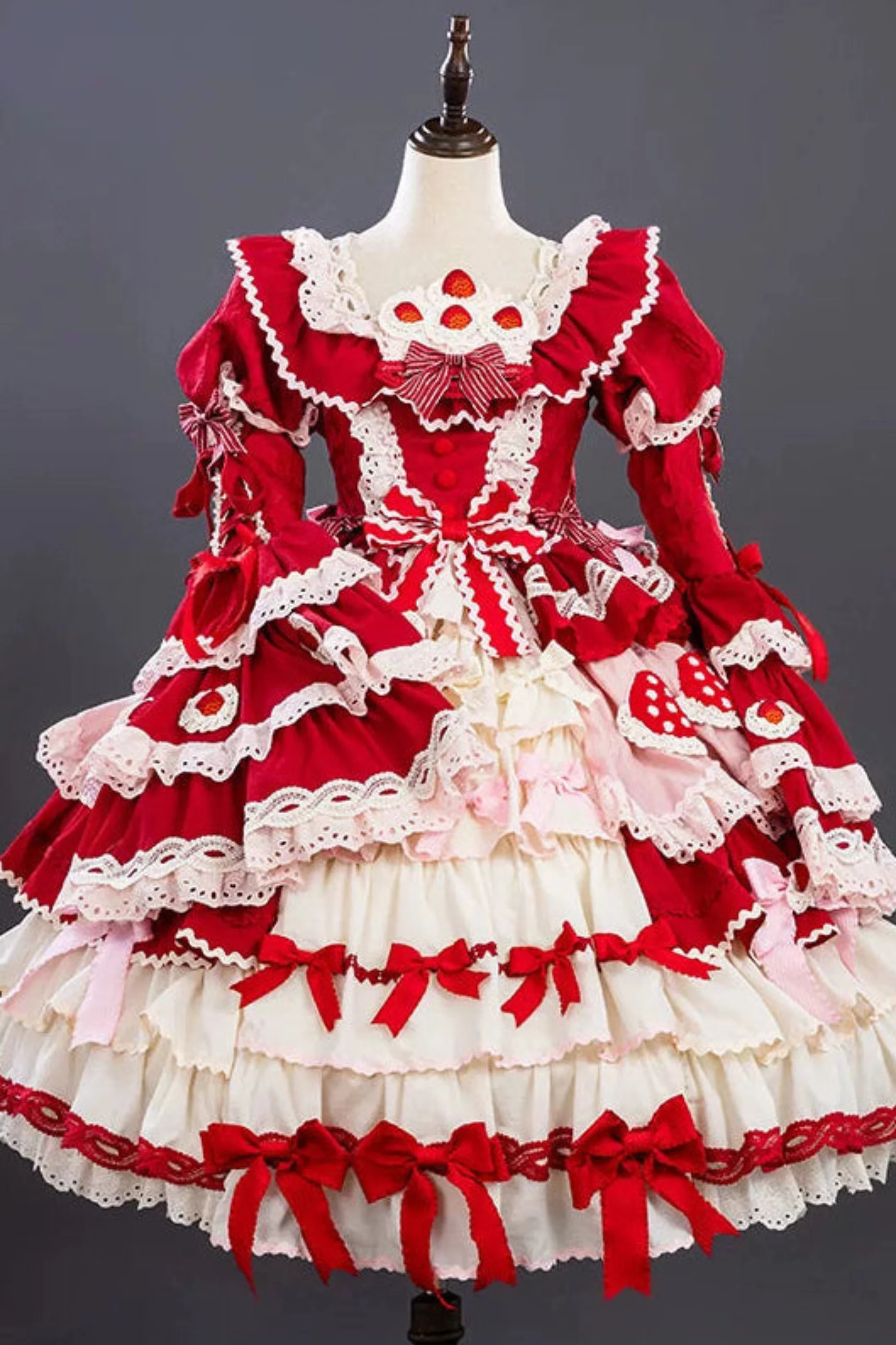 Strawberry Fantasy Lolita Dress + Jumper Skirt + Ribbon + Sleeves + Bonnet - Image 4