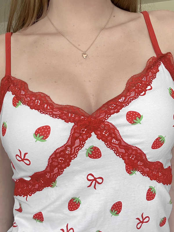 Strawberry Print Bow White Tank Top - Image 3
