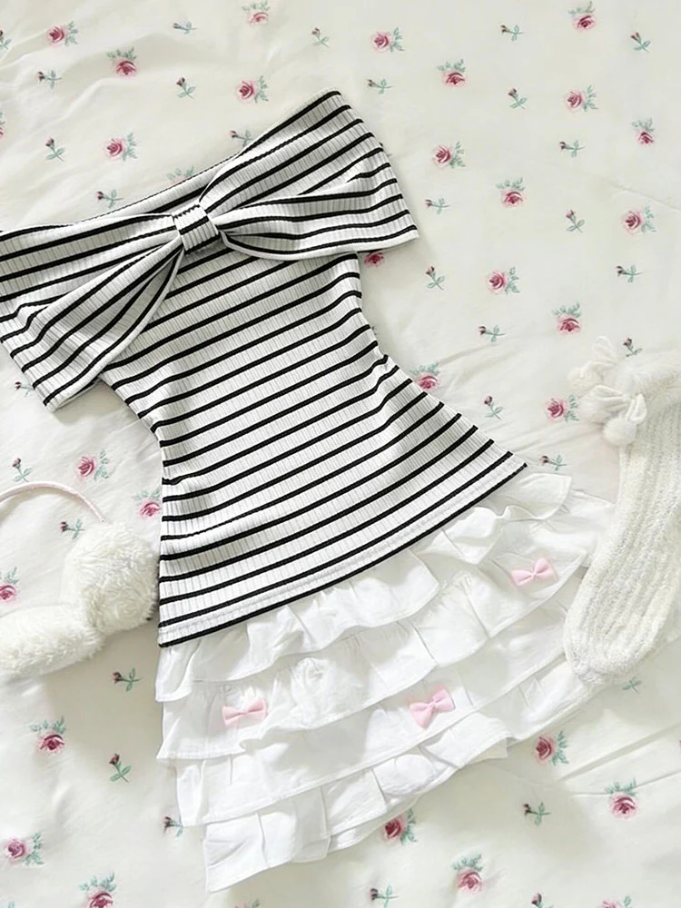 striped bow off-shoulder shirt - Image 4