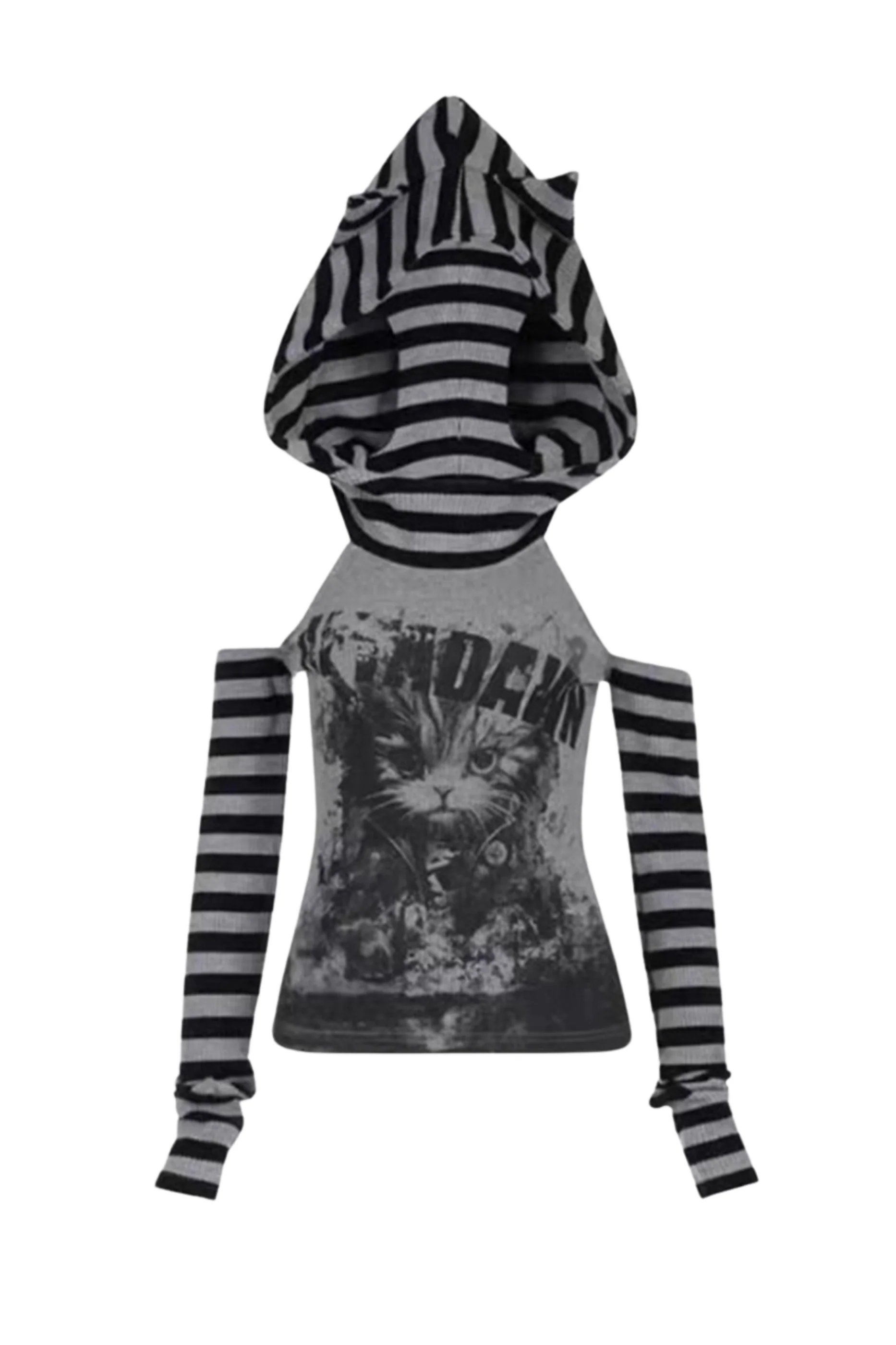 Striped Cat Patchwork Hooded Top - Image 8