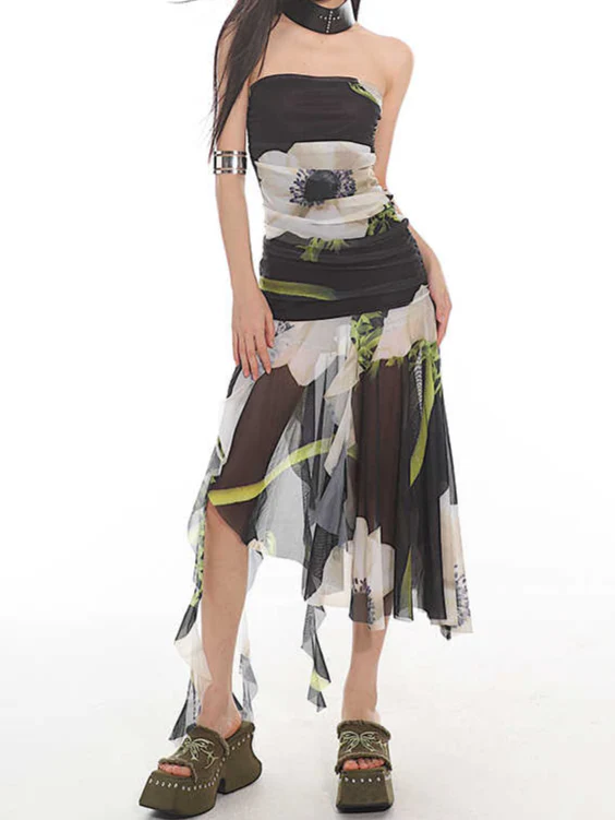 Summer Floral Mesh Tube Top Dress - Image 4