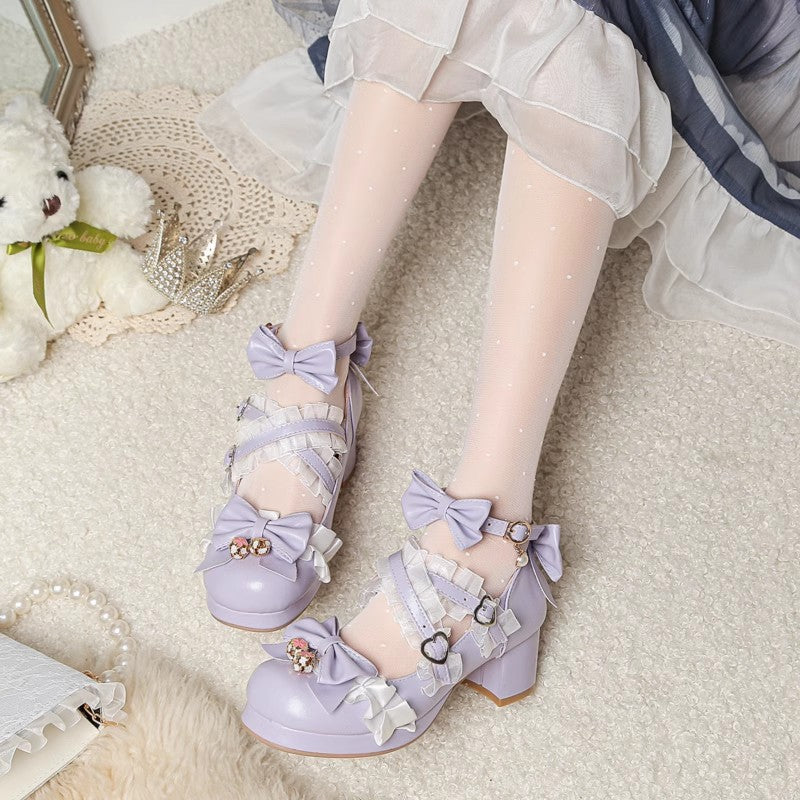Sweet Bowknot Stitching Lace Princess Lolita High Heels 6 Colors - Image 3