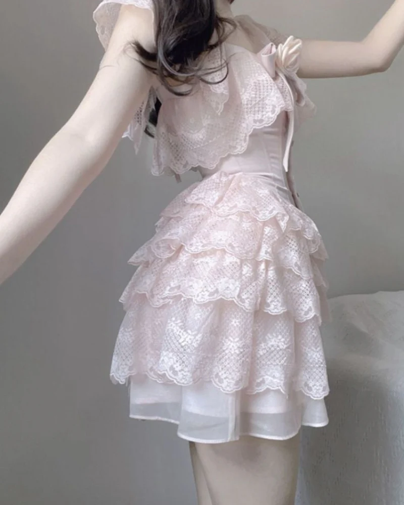 Sweet Flower Waist Slimming Cake Mini Coquette Dress - Image 2