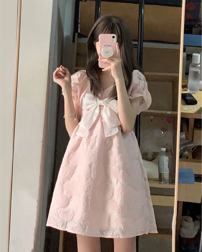 Sweet Pink Bow Princess Puff Sleeves Coquette Dress - Image 3