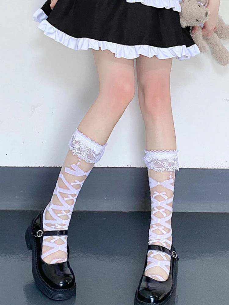 Sweet Satin Ribbon Lace Knee Socks - Image 8