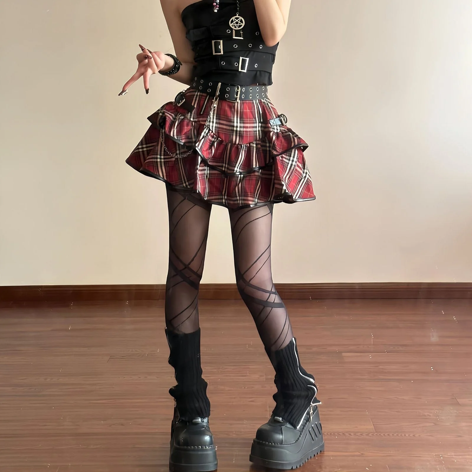 Tartan Red Plaid Goth Skirt - Image 3