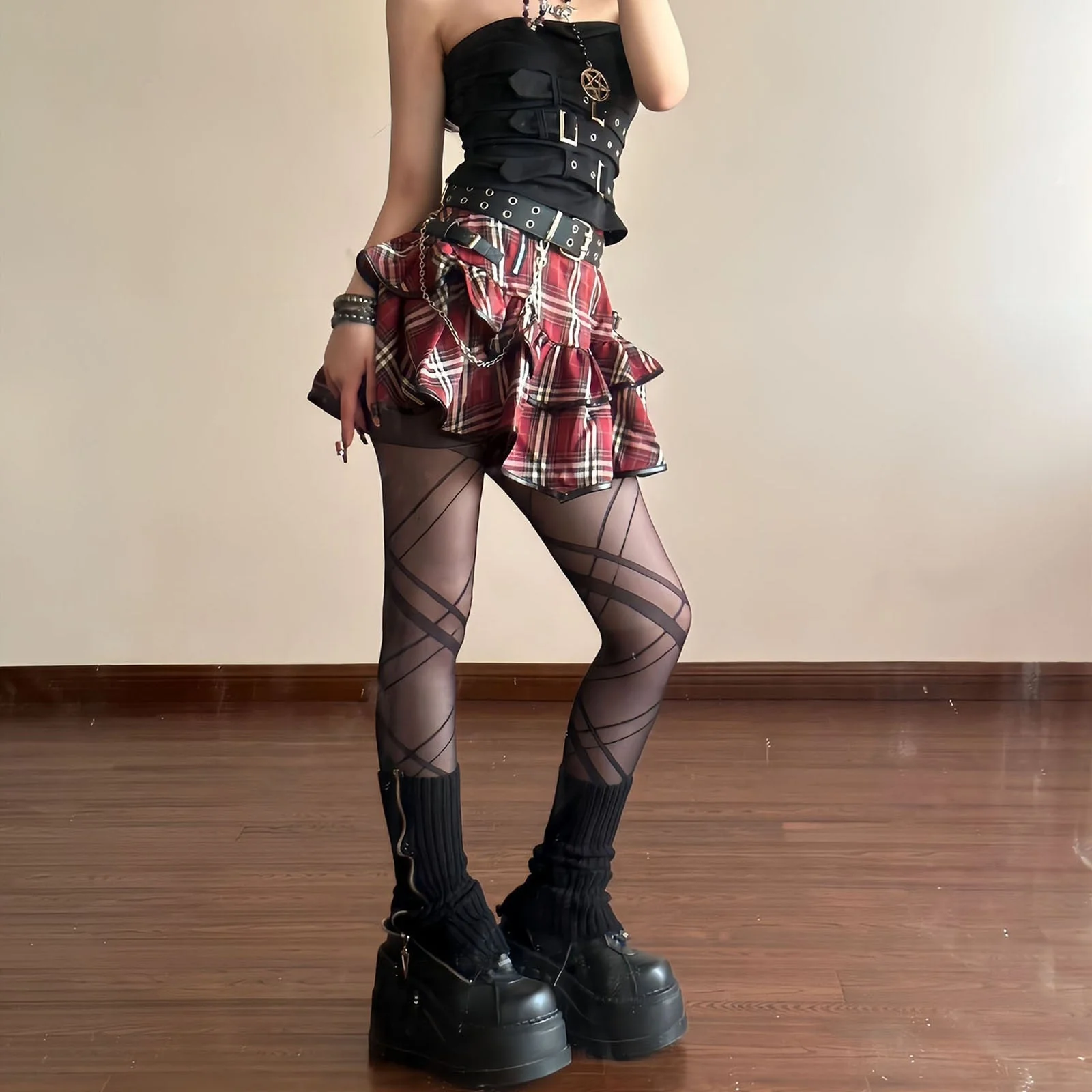 Tartan Red Plaid Goth Skirt - Image 4