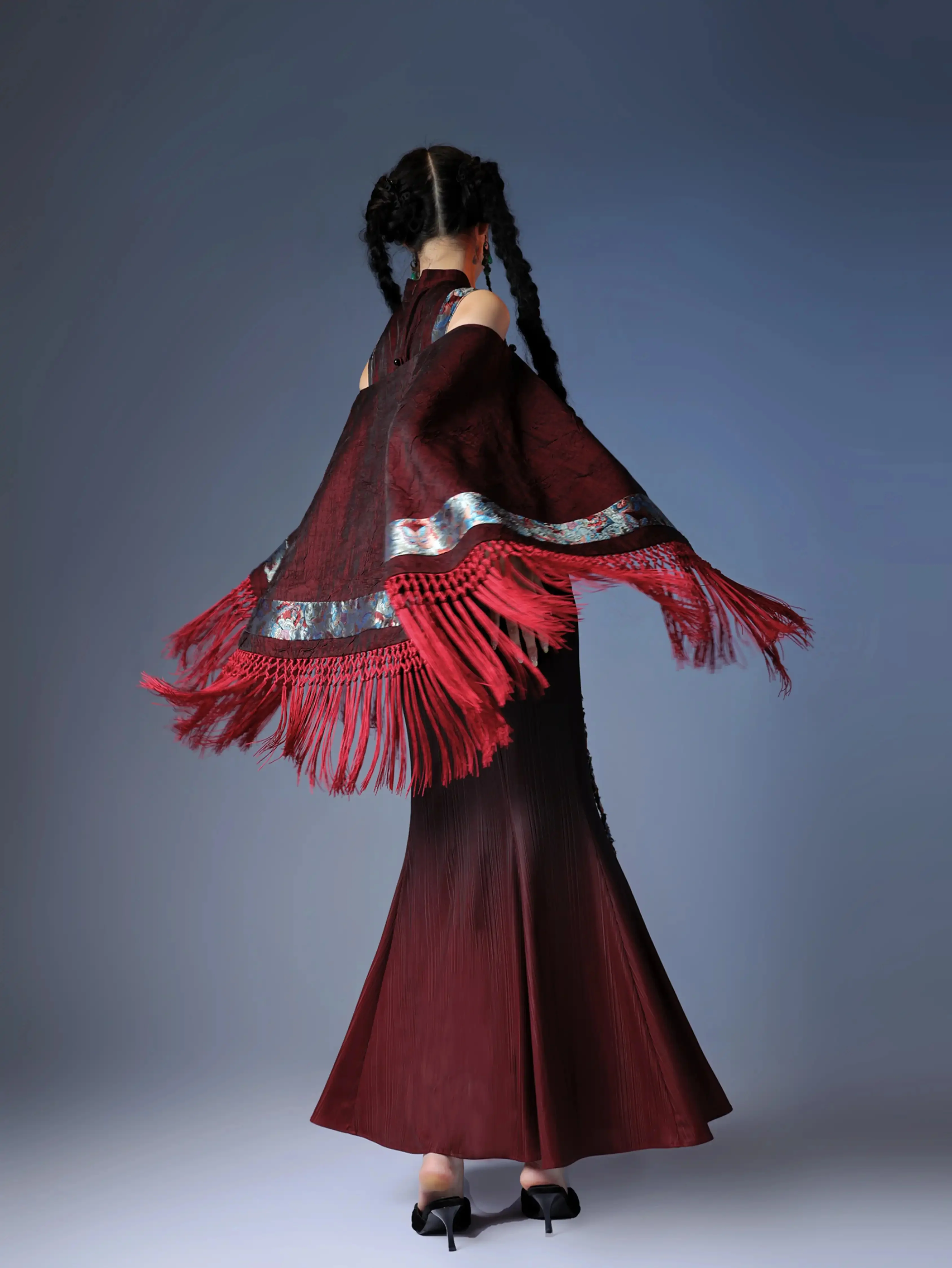 Tassel Cape Rope Embroidered Cheongsam Dress - Image 4