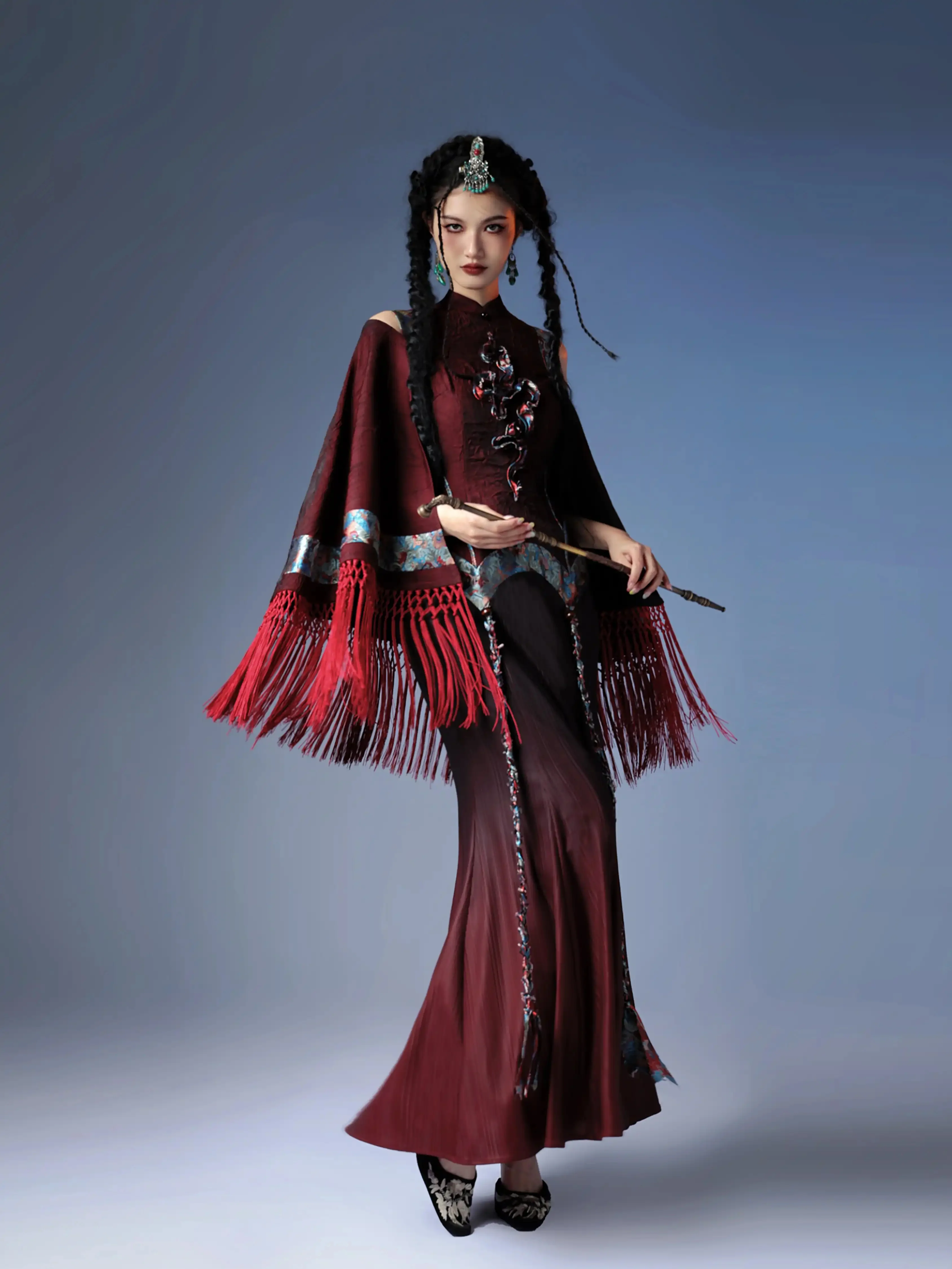 Tassel Cape Rope Embroidered Cheongsam Dress - Image 5