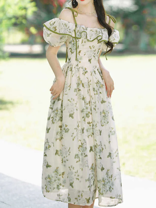 Tea Break Ruffled Shoulder Green Floral Dress - Image 2