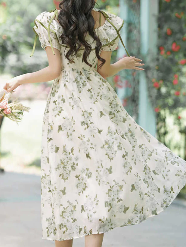 Tea Break Ruffled Shoulder Green Floral Dress - Image 3