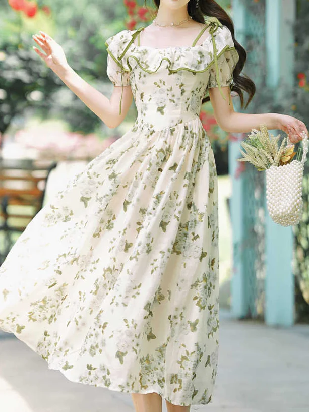 Tea Break Ruffled Shoulder Green Floral Dress - Image 4